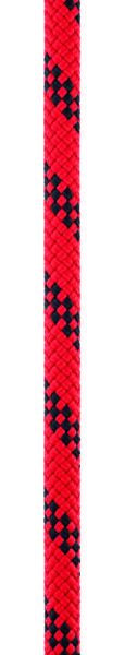 Close-up of a red and black braided rope, perfect for tactical rescue training, showing its detailed interwoven pattern and texture.