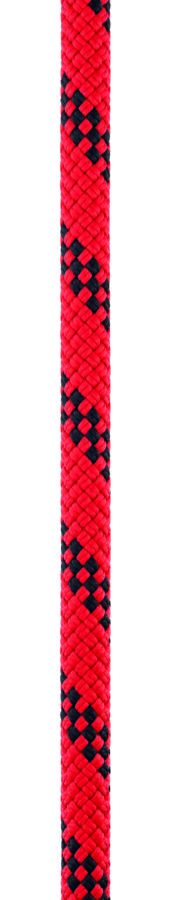 Close-up of a red and black braided rope, perfect for tactical rescue training, showing its detailed interwoven pattern and texture.