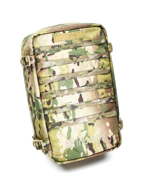 A rectangular camouflage backpack with multiple straps, a 'tribal co' logo, perfect for onsite technical rescue standby teams.