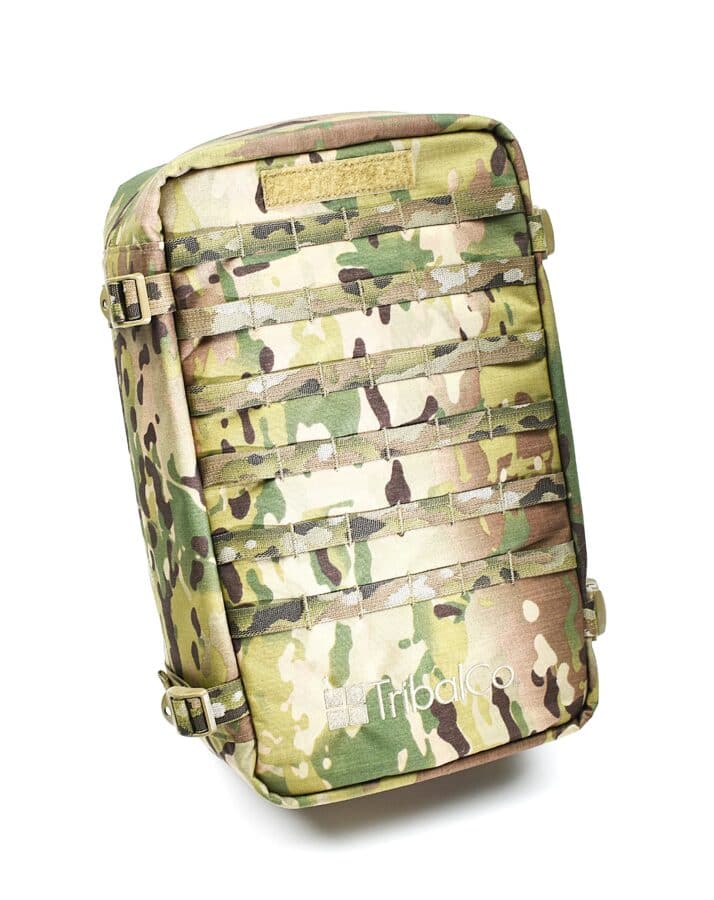 A rectangular camouflage backpack with multiple straps, a 'tribal co' logo, perfect for onsite technical rescue standby teams.
