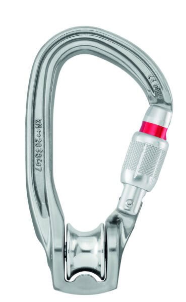 Silver carabiner with a locking mechanism and pulley wheel, ideal for industrial rescue, featuring engraved text and a red accent near the screw lock.