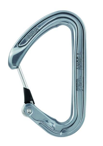 Silver climbing carabiner with a wire gate, labeled PETZL ANGE L, ideal for tactical rescue training.