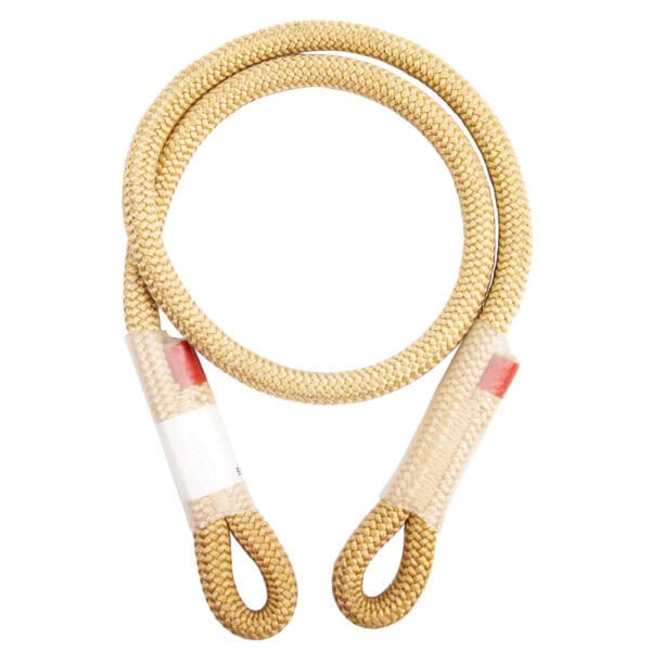 A coiled, tan-colored rope with two looped ends, partially wrapped with translucent tape, ideal for industrial rescue scenarios.