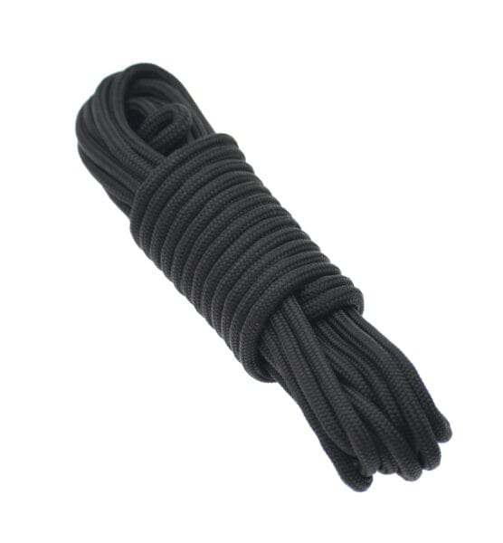 A coiled bundle of black paracord, neatly wrapped and essential for industrial rescue, presented against a white background.