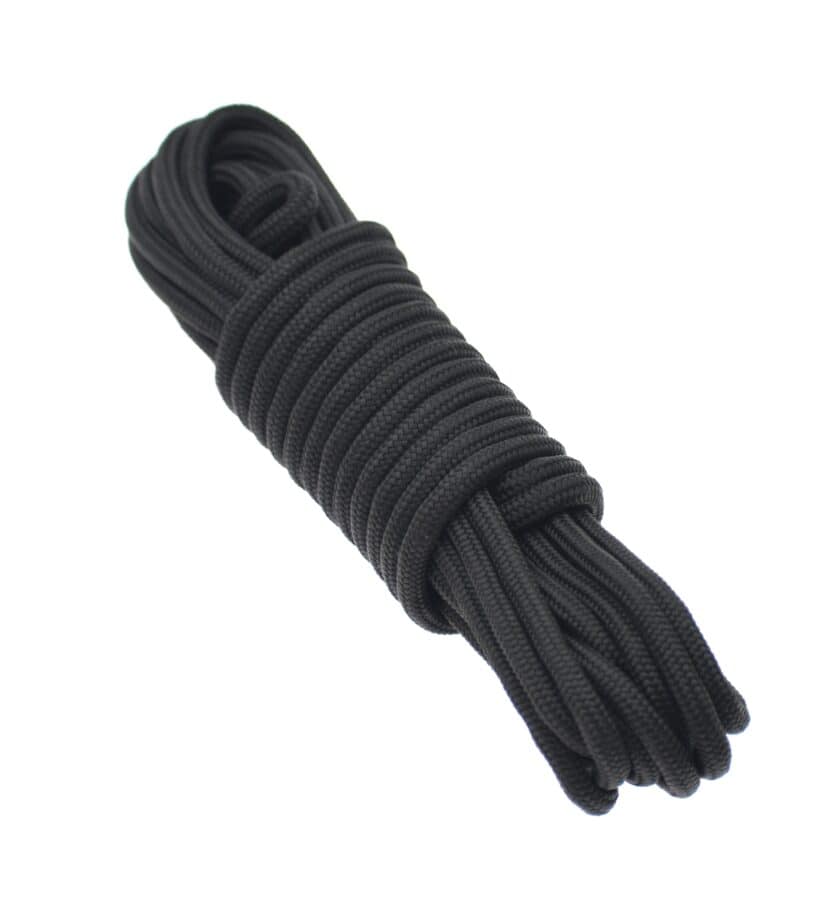 A coiled bundle of black paracord, neatly wrapped and essential for industrial rescue, presented against a white background.