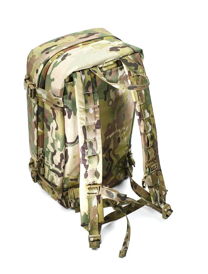 A camouflage-patterned tactical backpack designed for fire rescue, featuring multiple straps and buckles against a white background.