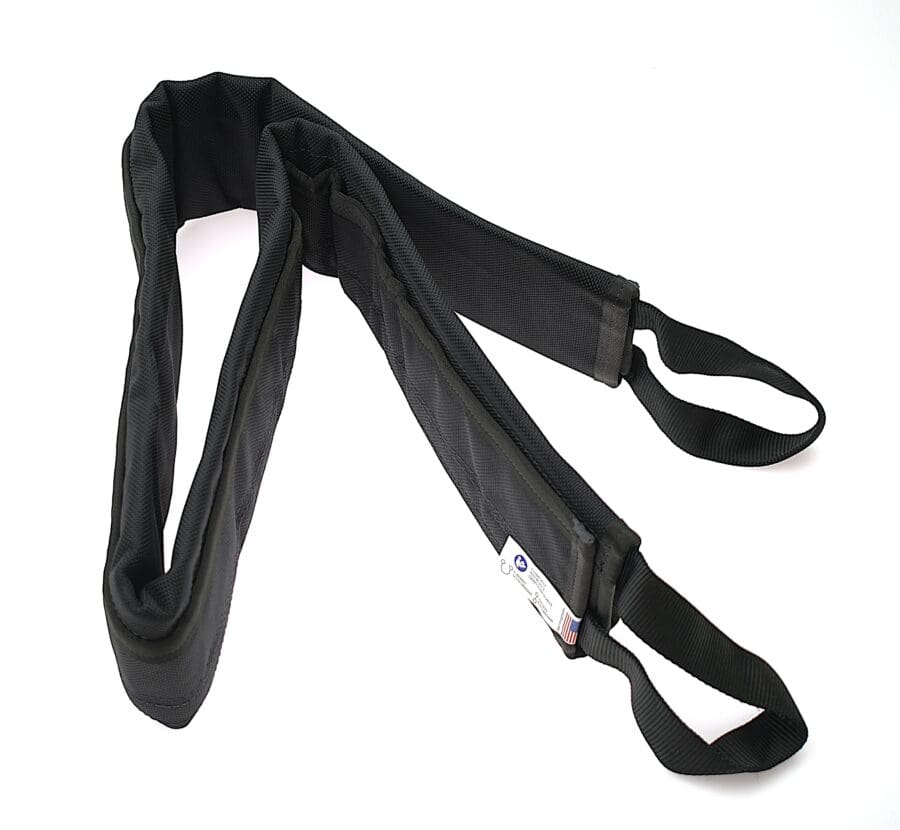 A black, padded lifting sling with looped ends, ideal for tactical rescue training, is laid out on a white background.