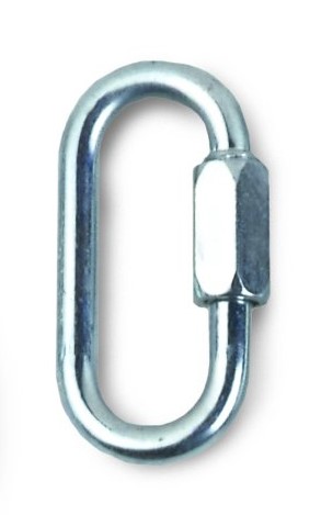 A silver metal quick link with a threaded closure on one side, forming an oval shape, ideal for fire rescue operations.