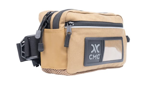 A tan and gray waist bag with a transparent pocket, multiple zippers, and 
