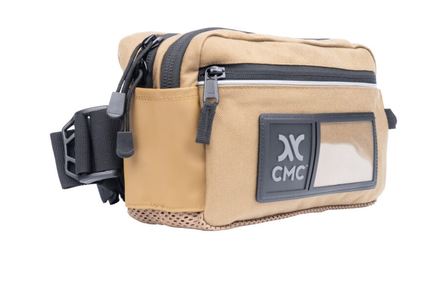 A tan and gray waist bag with a transparent pocket, multiple zippers, and 