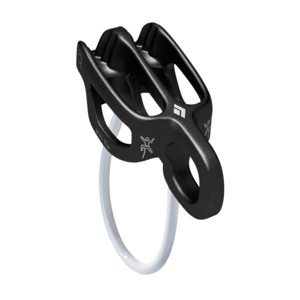 A black climbing belay device with two slots and a loop of white cord, essential for professional safety training, is shown on a white background.