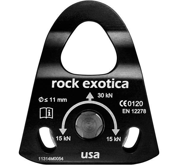 Black climbing pulley labeled 