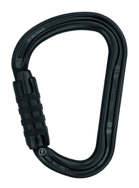 Black metal carabiner with a screw-lock mechanism on a white background, ideal for tactical rescue training.