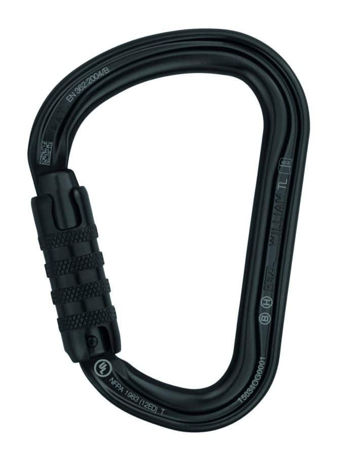 Black metal carabiner with a screw-lock mechanism on a white background, ideal for tactical rescue training.