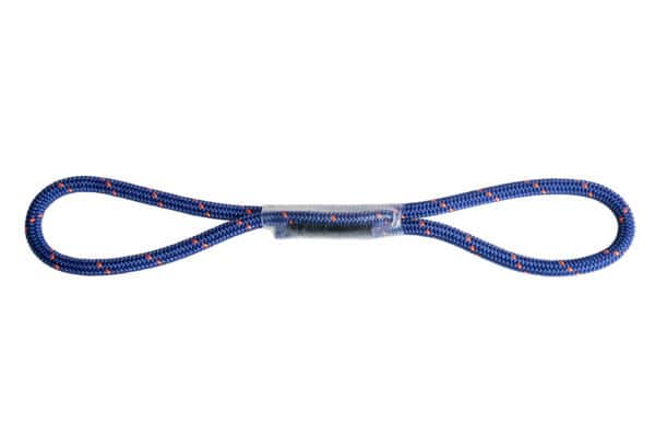 A blue braided rope with red accents, tied in a figure-eight loop, used in professional safety training and secured by a transparent band.