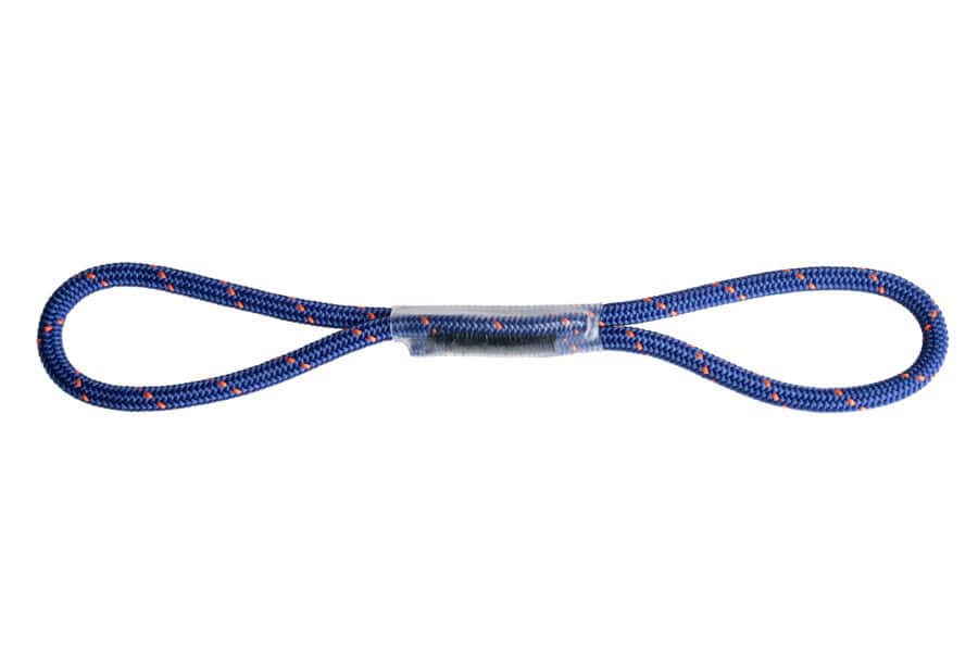 A blue braided rope with red accents, tied in a figure-eight loop, used in professional safety training and secured by a transparent band.