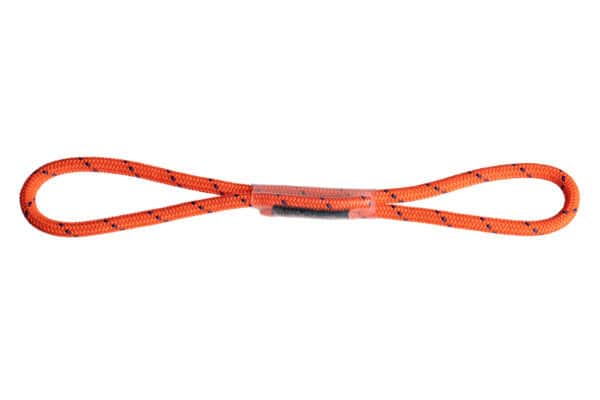 Orange climbing sling with black specks, looped into a figure-eight shape with protective tubing, ideal for tactical rescue training.