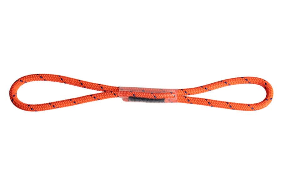 Orange climbing sling with black specks, looped into a figure-eight shape with protective tubing, ideal for tactical rescue training.