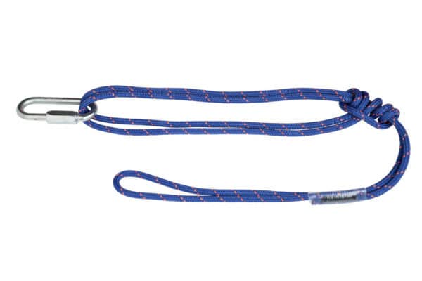 A blue bungee cord with red accents, ideal for tactical rescue training, features a metal hook and knotted loop against a white background.