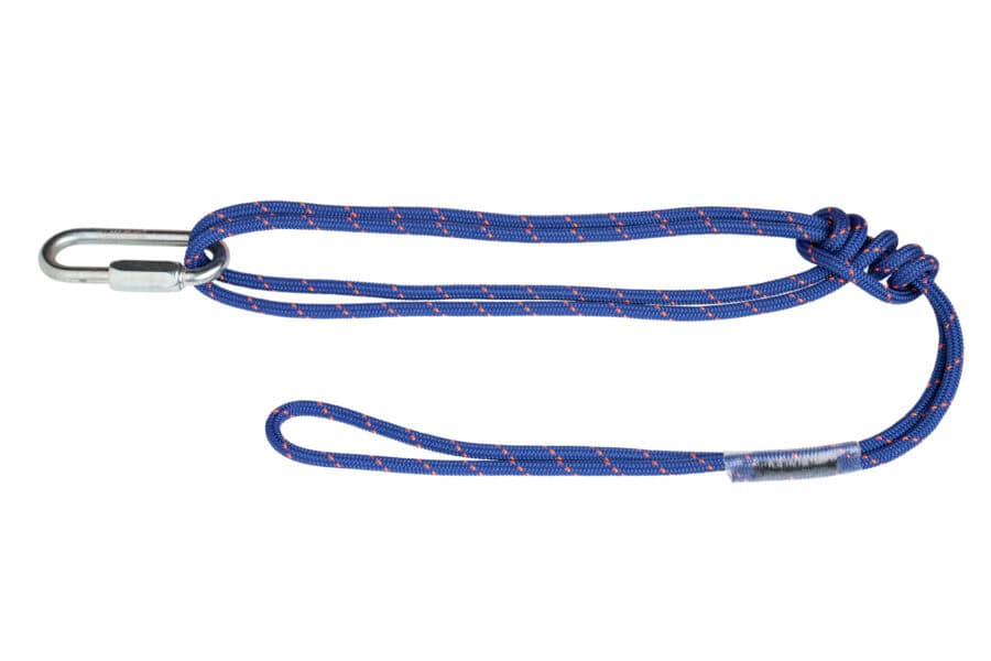 A blue bungee cord with red accents, ideal for tactical rescue training, features a metal hook and knotted loop against a white background.