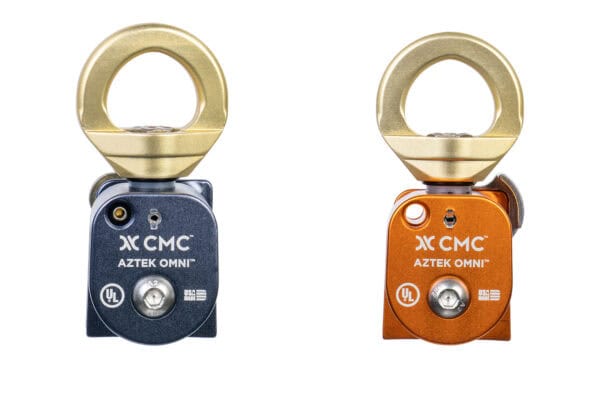 Two CMC Aztek Omni pulleys are displayed: left in blue, right in orange, ideal for tactical rescue training with circular attachment points on top.