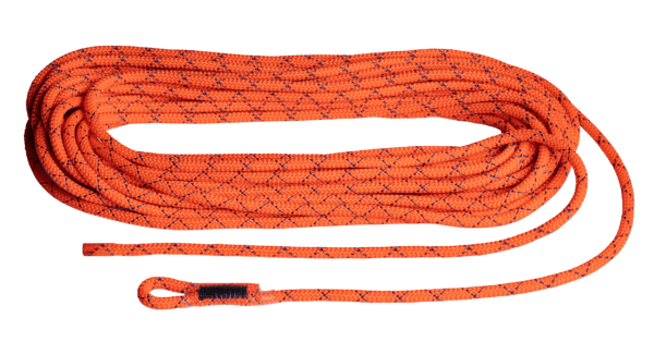Coiled orange climbing rope with black speckles, a secured loop at one end, ideal for industrial rescue, isolated on a white background.