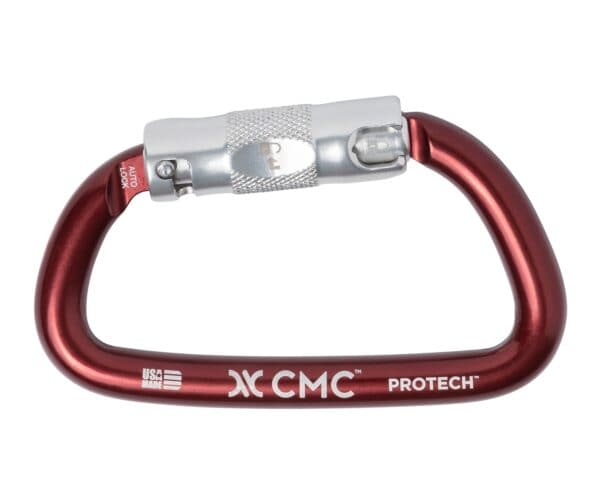 A red and silver CMC ProTech carabiner with a locking mechanism, perfect for industrial rescue, labeled 