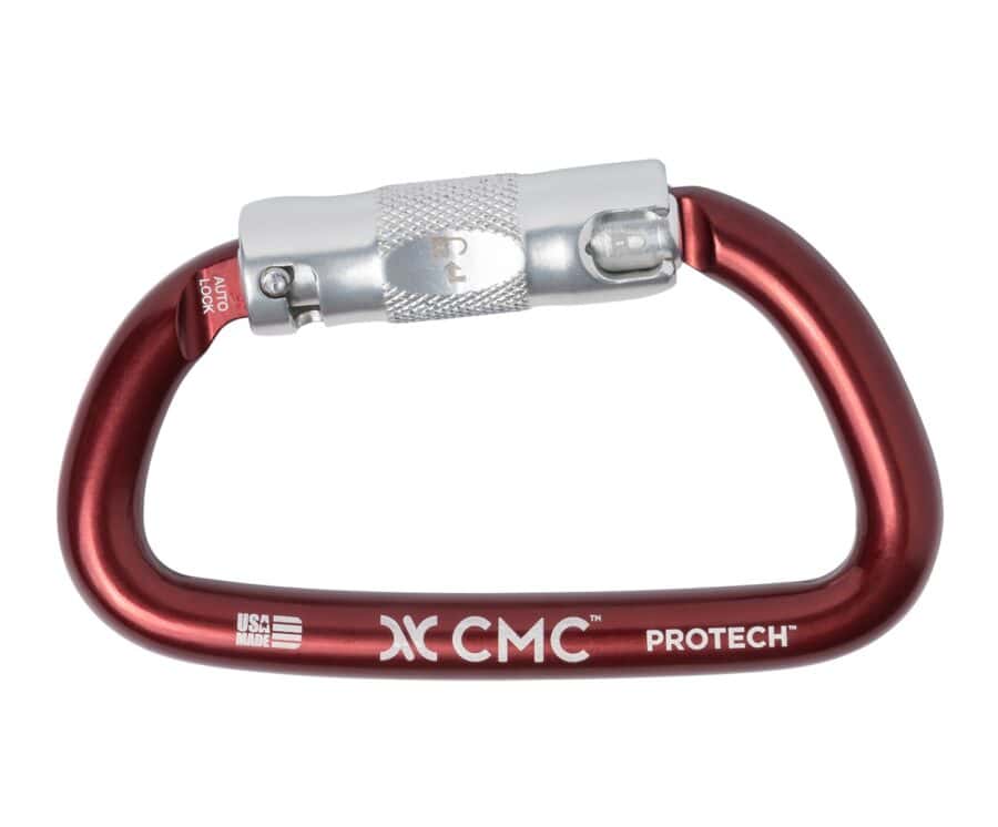 A red and silver CMC ProTech carabiner with a locking mechanism, perfect for industrial rescue, labeled 